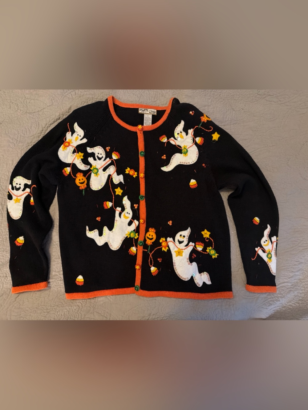 Vintage retro Black Halloween Cardigan Sweater with Orange Trim